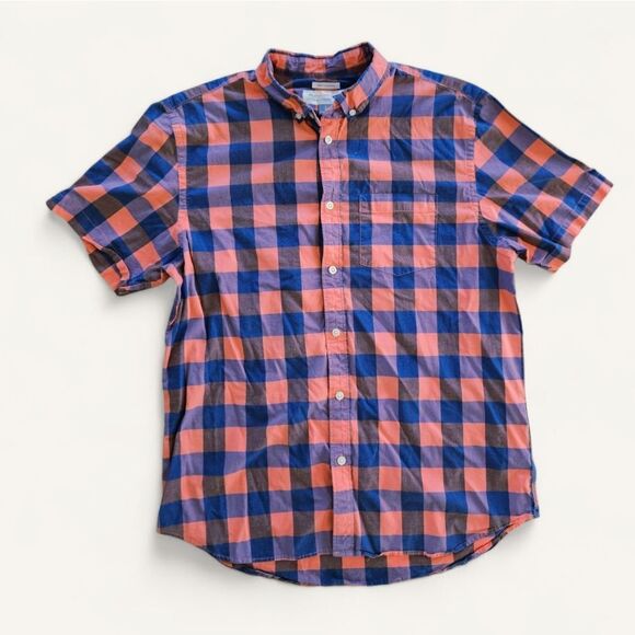 Old Navy The Classic Slim Fit Button Down Short Sleeve Plaid Orange Blue Shirt L - Picture 1 of 7